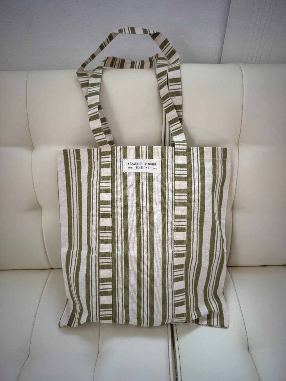 Sézane limited edition striped ecru olive green cotton canvas tote NWOT